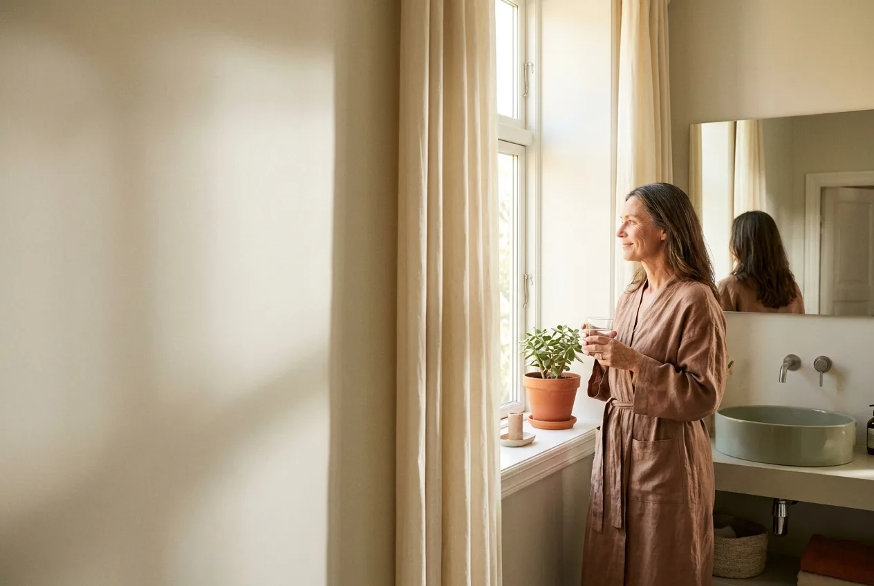 A woman in a quiet morning routine holding a glass of water by a window