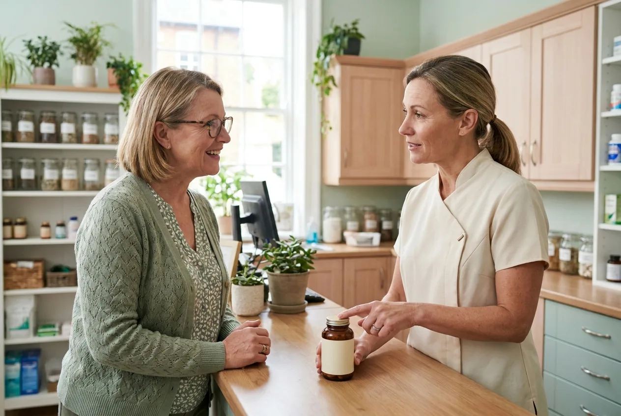 A woman discussing a supplement with a pharmacist
